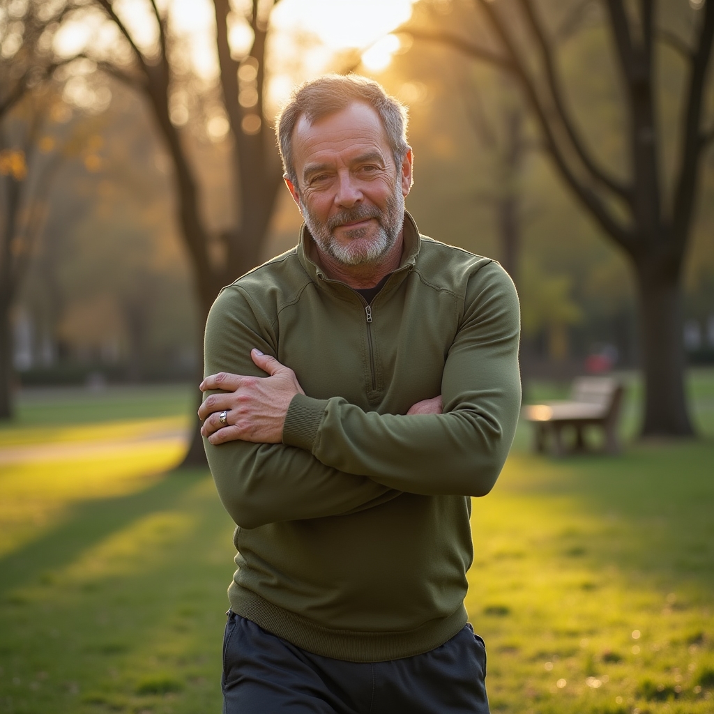 Adult performing a gentle mobility warm-up routine outdoors in a park setting