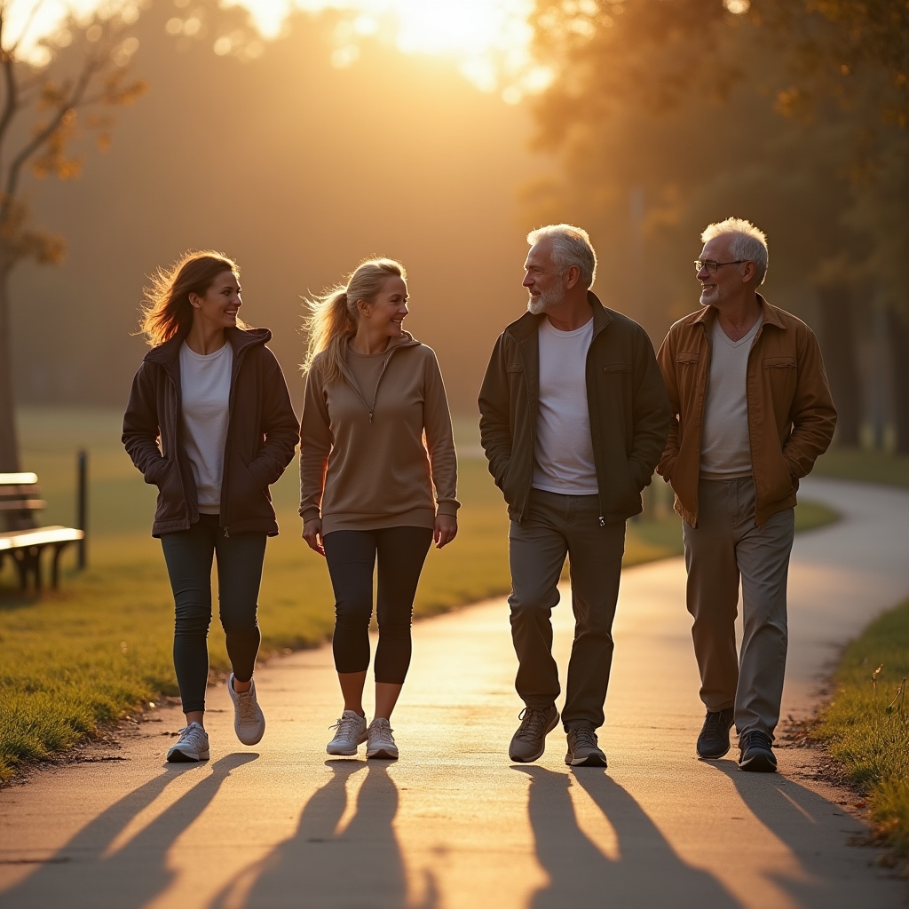 Small group of adults walking together on a paved park path during early morning light