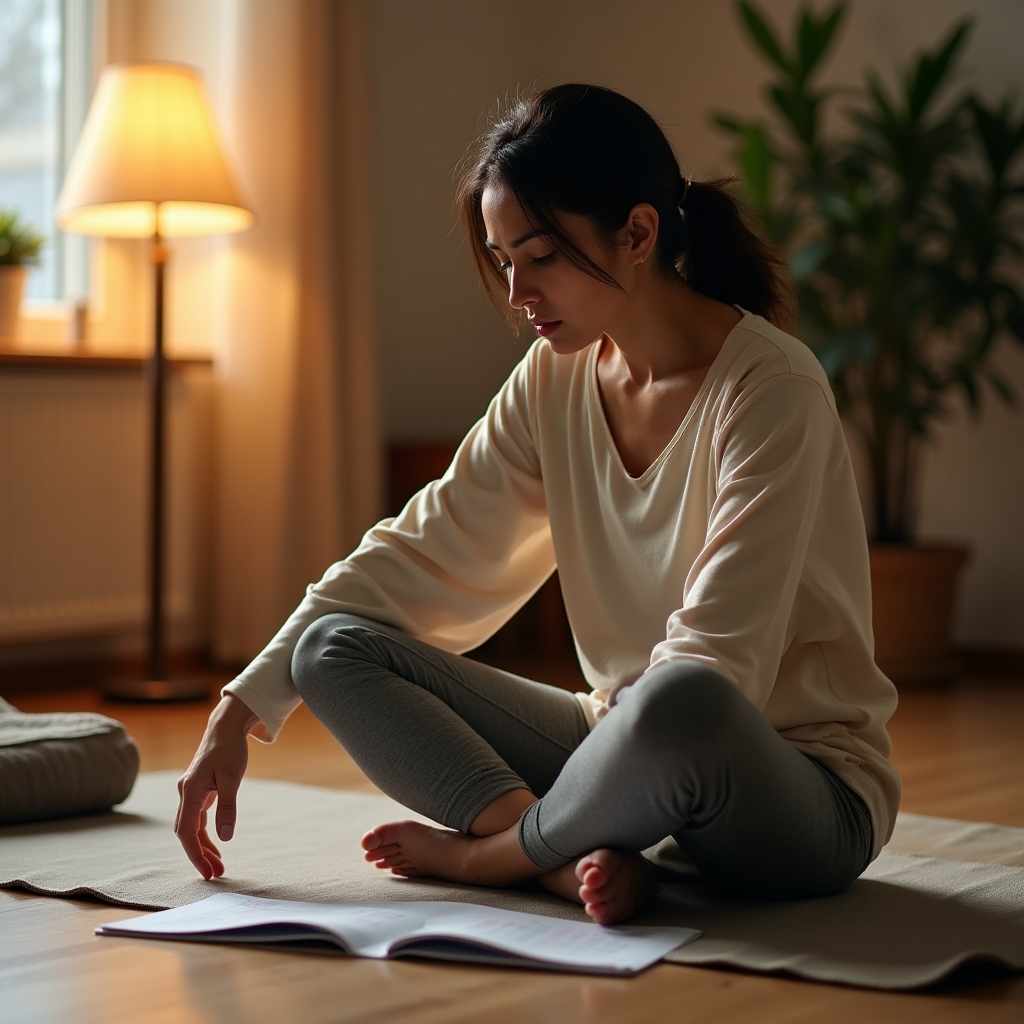Adult stretching gently on a mat while reviewing a printed pacing chart at home
