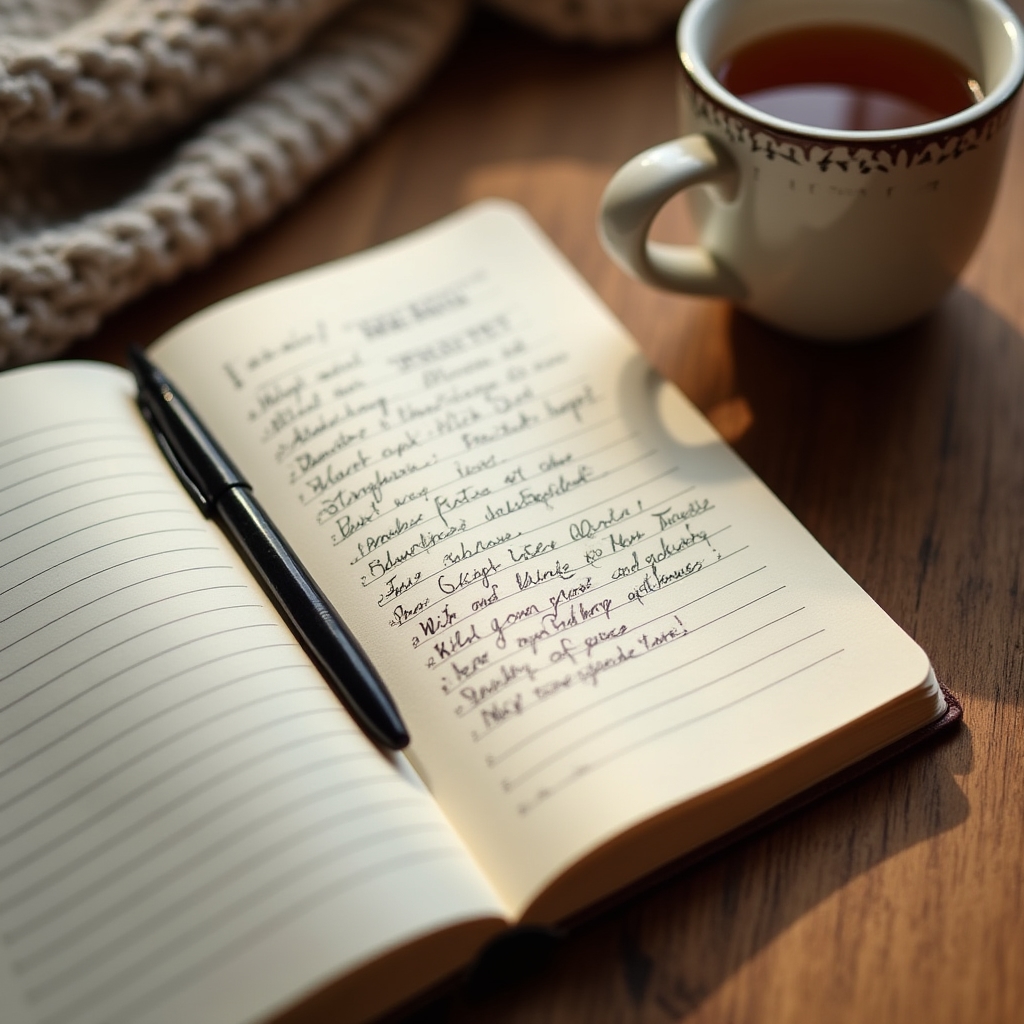 Notebook and pen resting beside a cup of tea, used for tracking a weekly activity journal