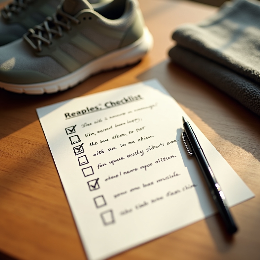 Printed readiness checklist and pen on a table next to a folded workout towel