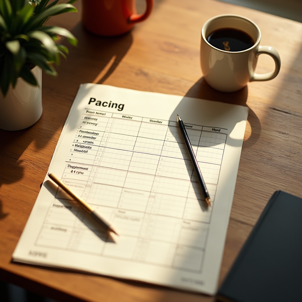 Printed weekly pacing chart and planner on a wooden desk beside a cup of coffee