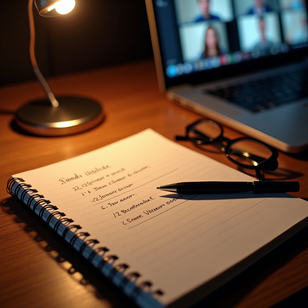 Notebook and pen next to a laptop displaying a paused educational webinar