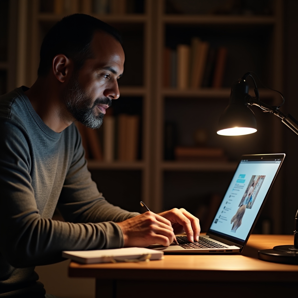 Adult attending an online educational webinar on a laptop in a quiet home setting